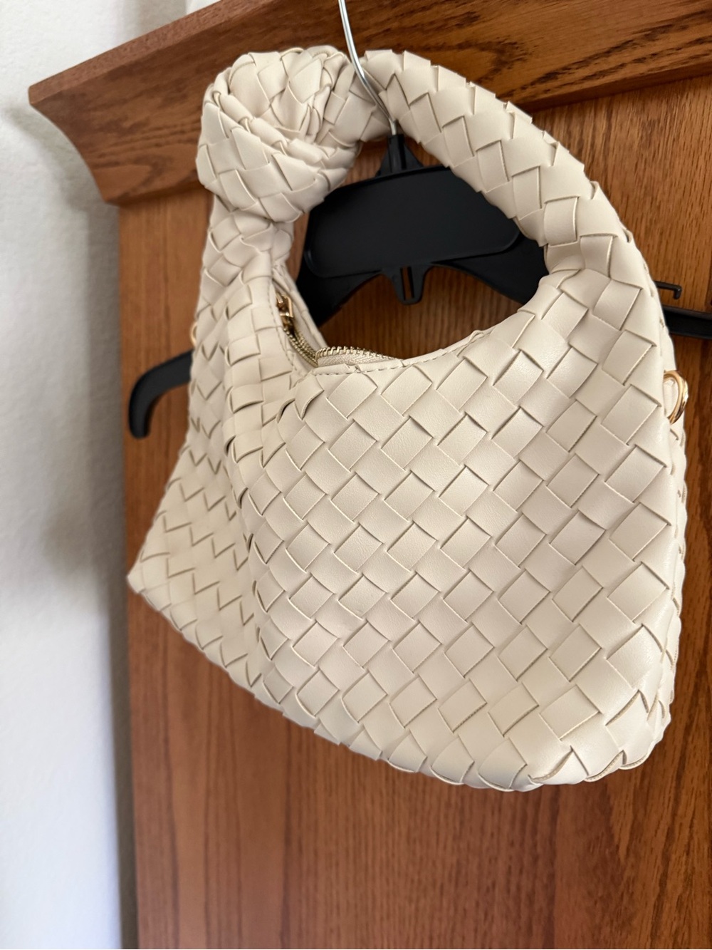 Cream Woven Knot-Handle Shoulder Bag